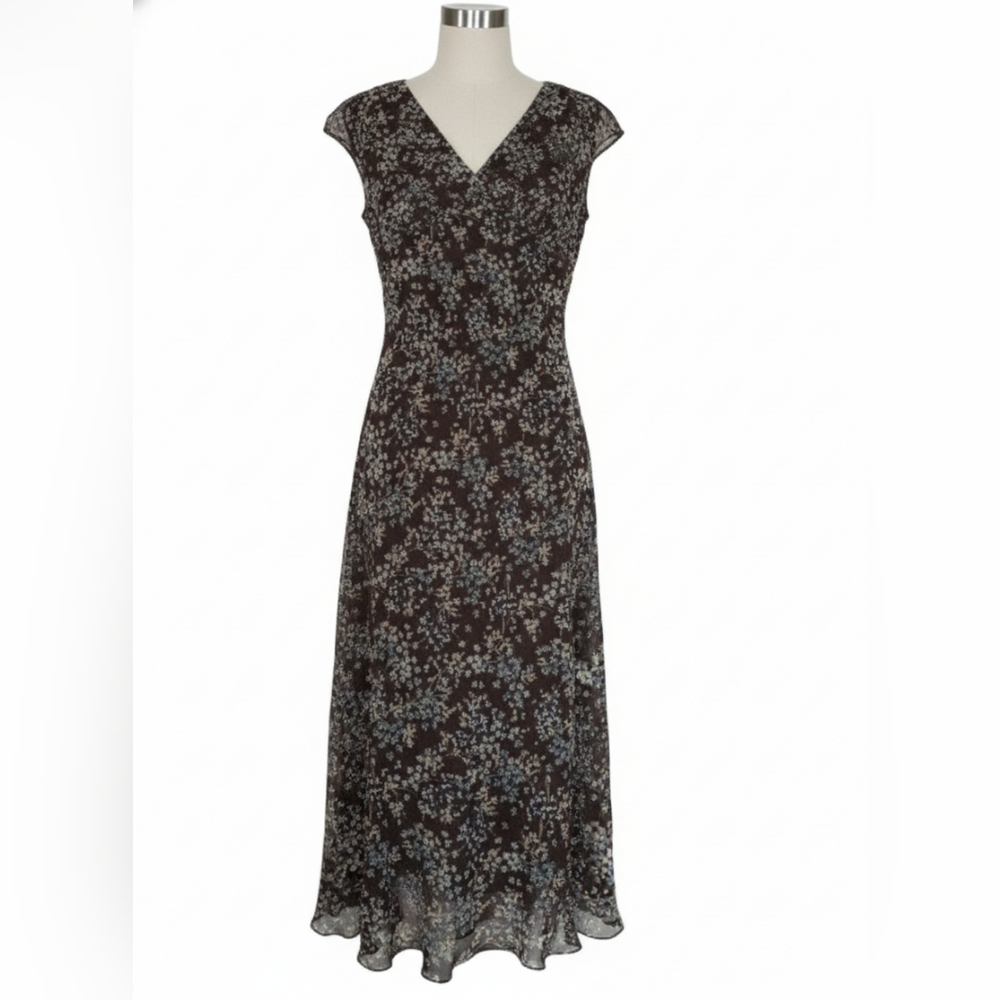 VTG 90s Jonathan Martin Brown‎ Floral Midi Dress w/ Slip Sheer Overlay XS/S USA - Picture 2 of 15